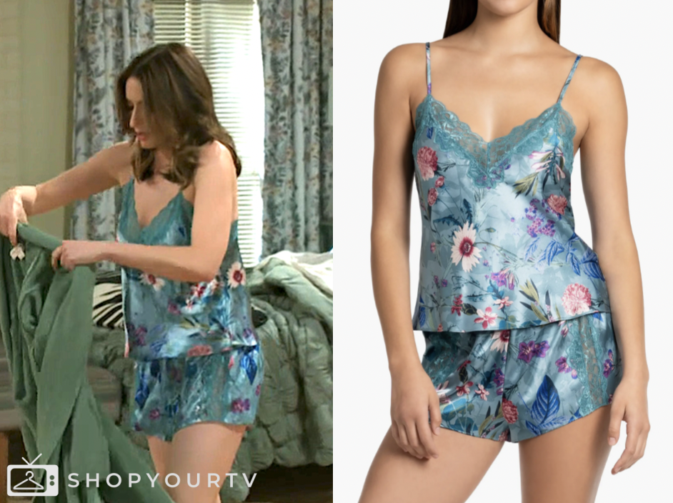 beyond the gates, jen jacob, blue floral satin lace trim pajama set, ashley morgan