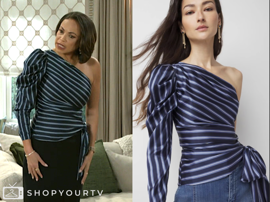 beyond the gates, blue striped satin one-shoulder top, Daphnée Duplaix, Nicole Dupree Richardson