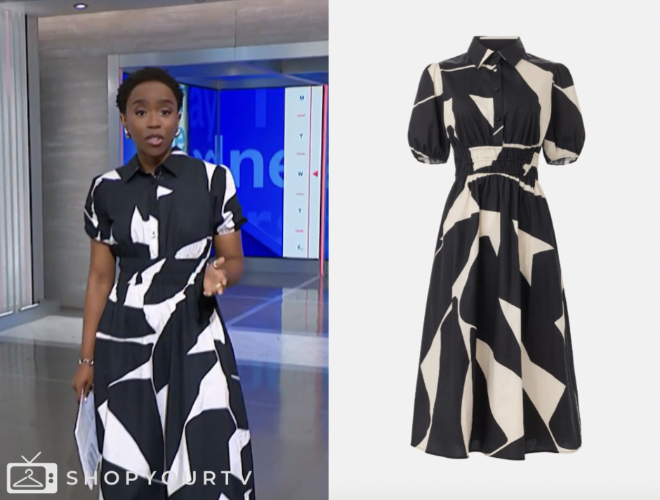 nbc news daily, black and white printed shirt dress, Zinhle Essamuah
