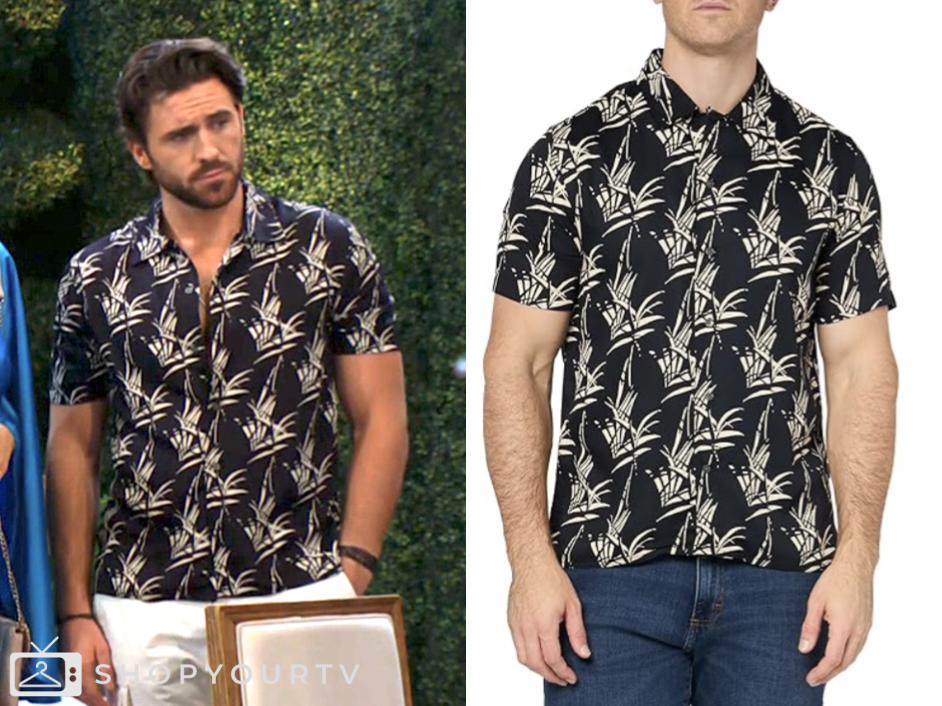 the young and the restless, conner floyd, chance chancellor, black printed camp shirt