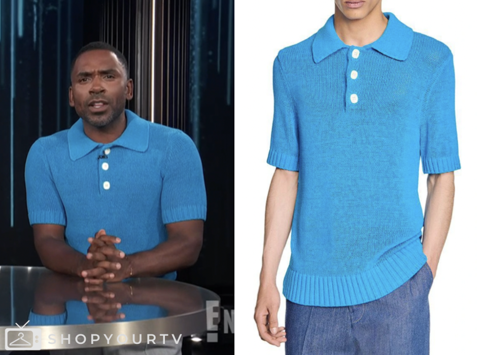 E! News: June 2025 Justin Sylvester's Blue Knit Polo Shirt | Shop Your TV