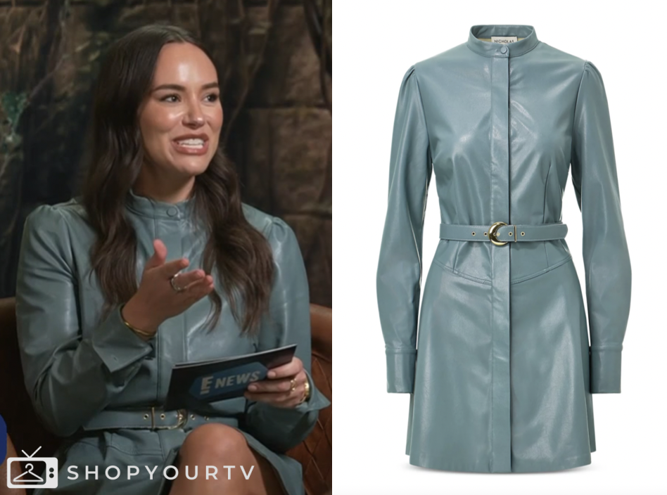 emily curl, E! News, blue leather shirt dress