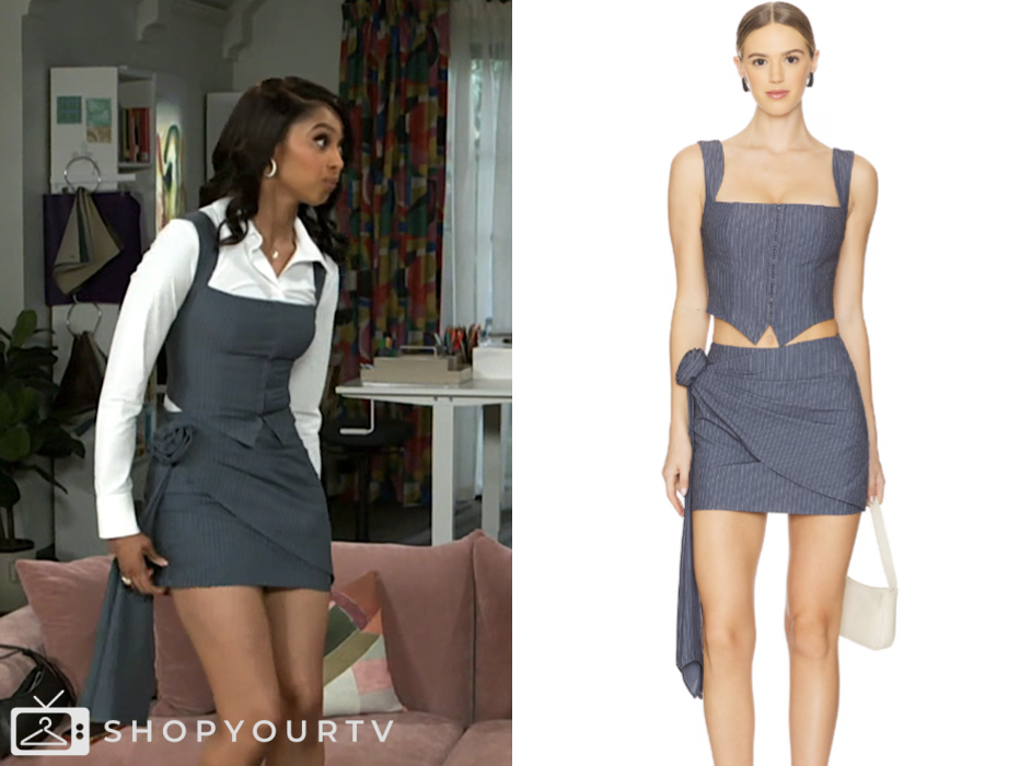 beyond the gates, grey pinstripe top and mini skirt, kat richardson, Colby Muhammad