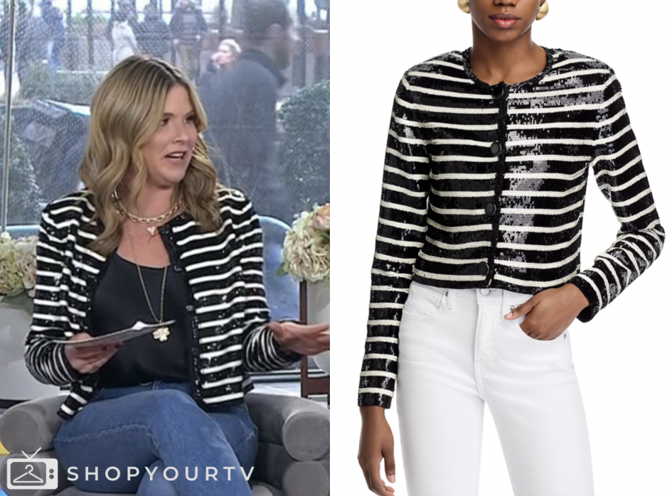 the today show, jenna bush hager, jenna and friends, black and white sequin stripe jacket