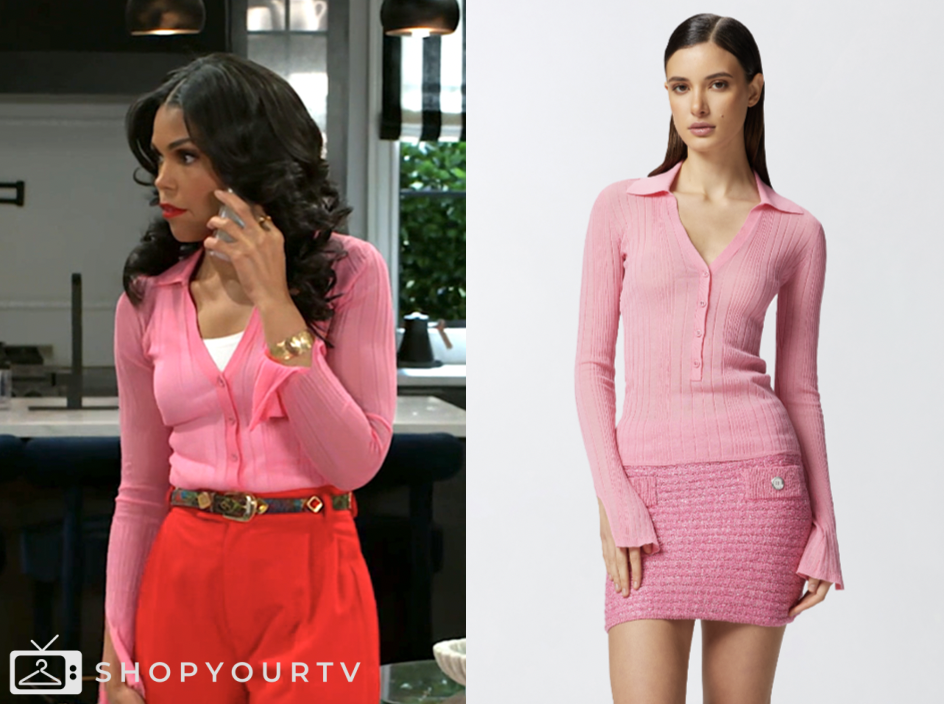 beyond the gates, pink knit polo top, dani dupree, karla mosley