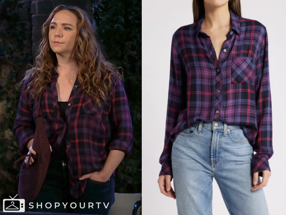 the young and the restless, purple plaid shirt, mariah copeland, camryn grimes