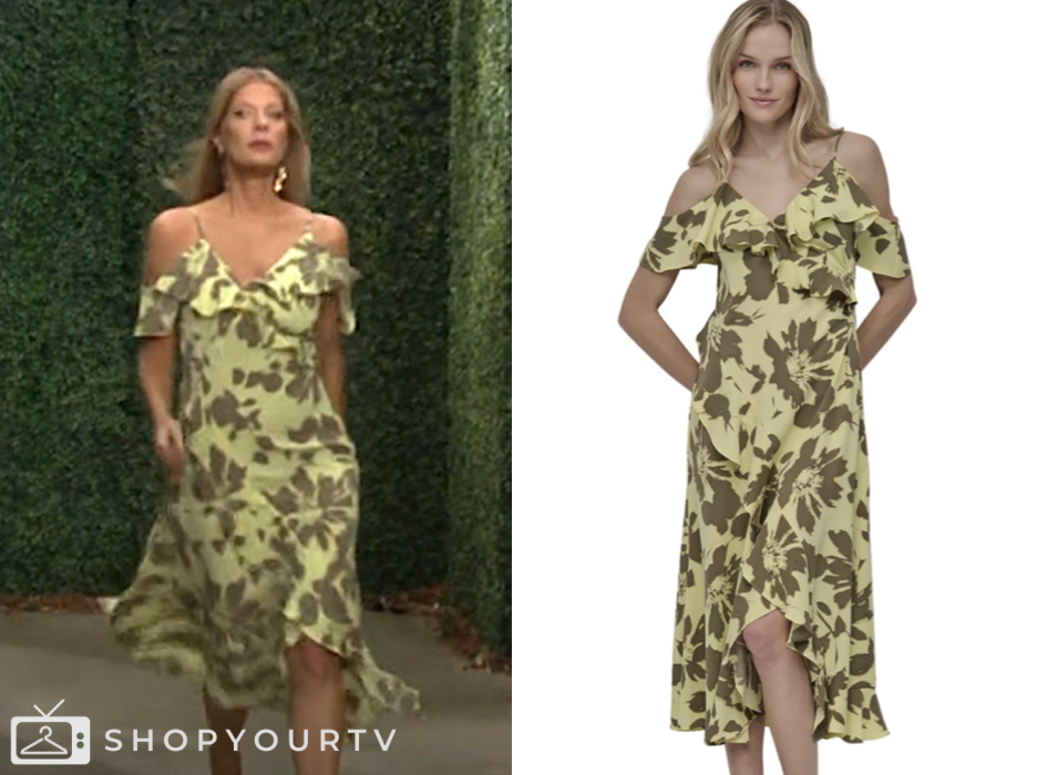 the young and the restless, yellow floral cold-shoulder dress, phyllis newman, michelle stafford