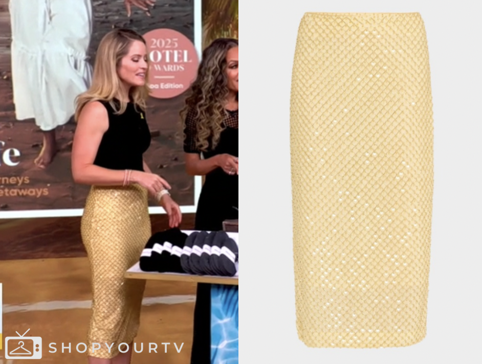 the view, gold embellished midi pencil skirt, sara haines