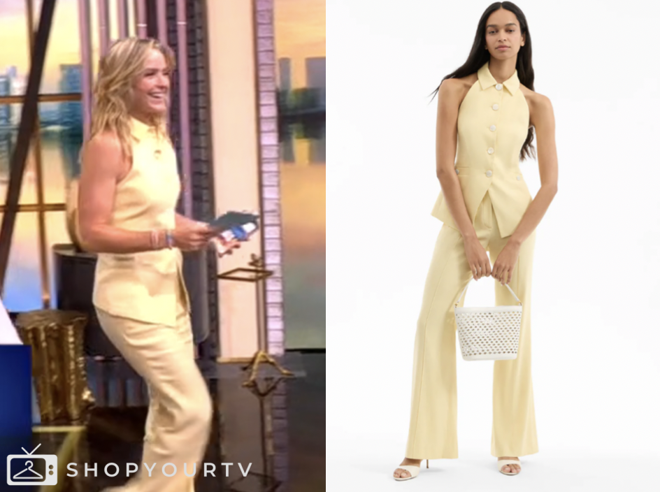 the view, yellow linen vest top and pants, sara haines
