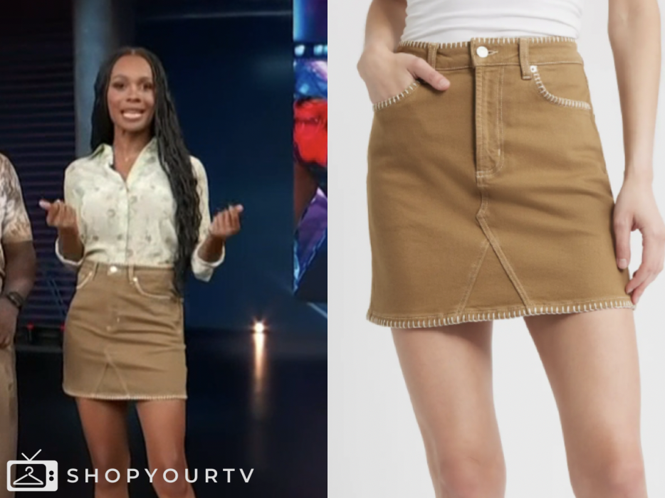 access hollywood, brown denim mini skirt, zuri hall