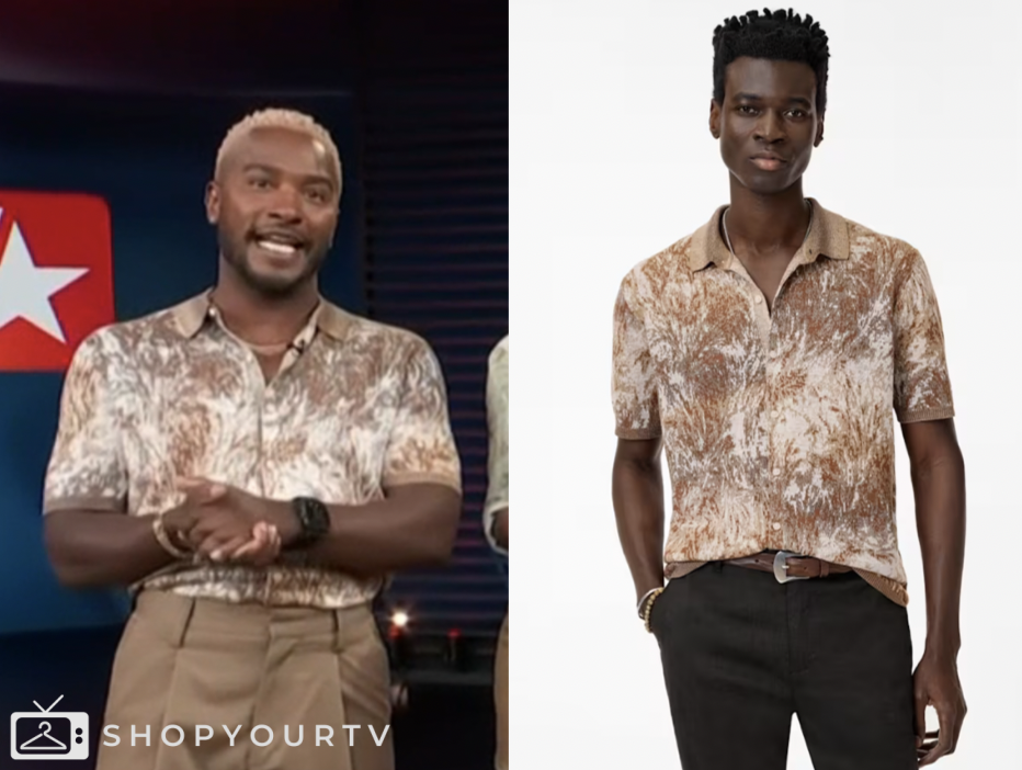 access hollywood, brown printed knit shirt, scott evans