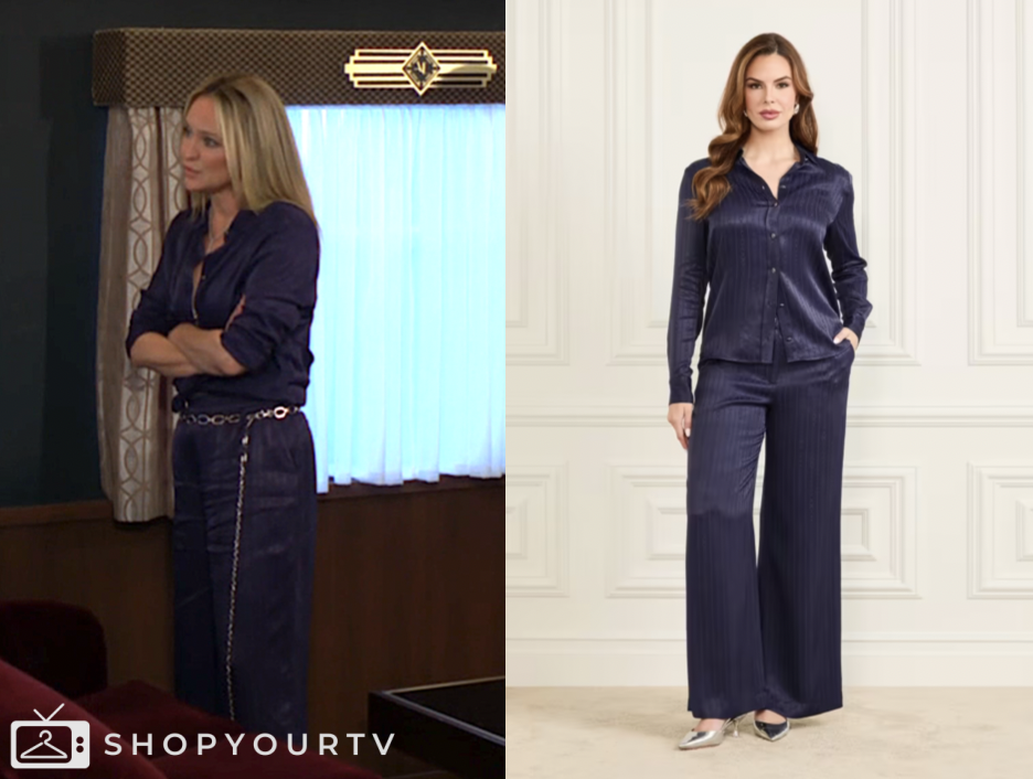 the young and the restless, navy satin shirt and pants, sharon newman, sharon case