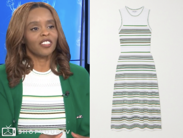 E News July 2025 Jacqueline Coley S White And Green Striped Knit Maxi Screen Shot 2025 07 17 At 1.43.04 PM 768x577