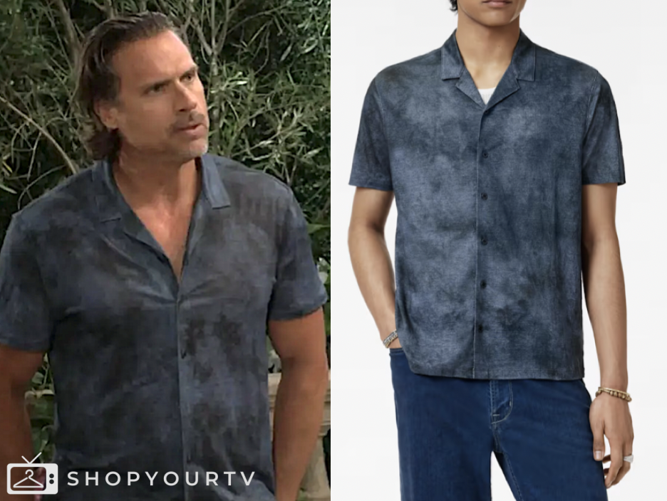 the young and the restless, blue printed camp shirt, nick newman, joshua morrow