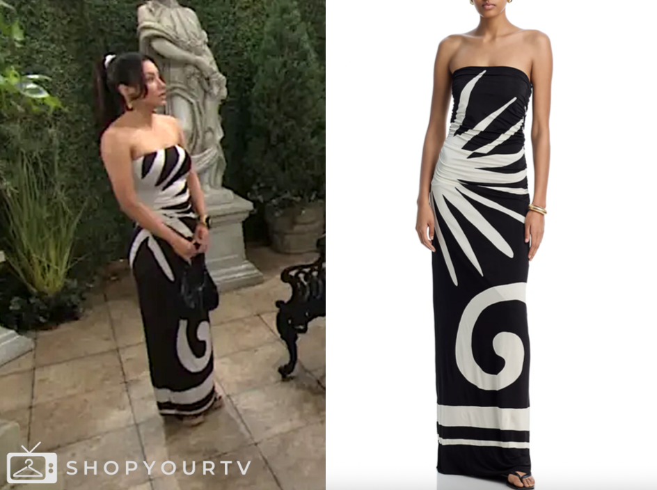 the young and the restless, black and white printed strapless maxi dress, audra charles, Zuleyka Silver