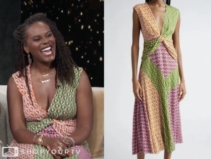 Tabitha Brown, access daily, mixed print colorblock midi dress