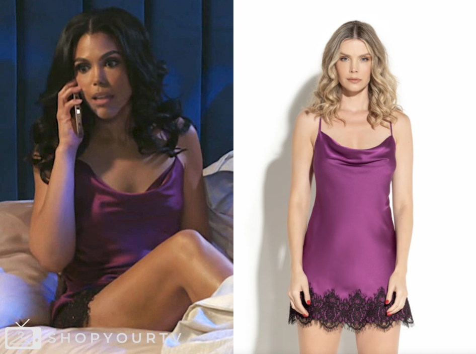 beyond the gates, purple satin lace trim chemise mini dress, dani dupree, karla mosley