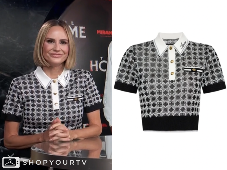 E! News, black printed knit polo top, keltie knight