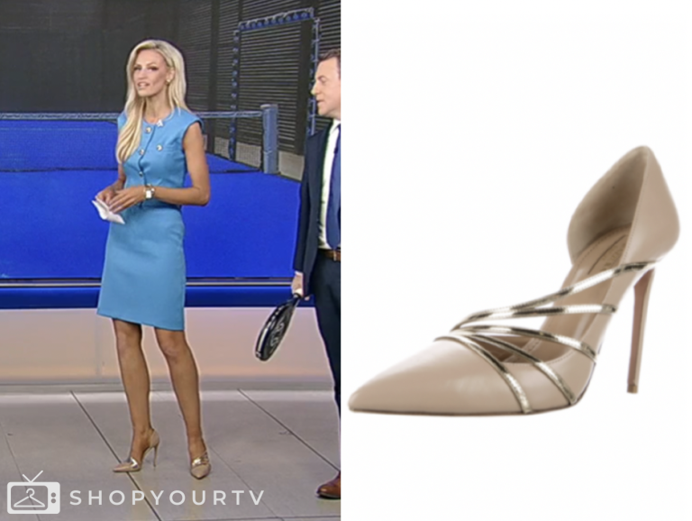 fox and friends, fox news fashion, carley shimkus, Beige and Gold Strappy Pumps Heels