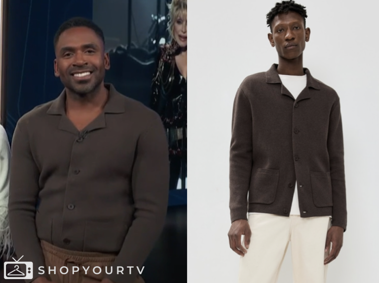 E! News, justin sylvester, brown cardigan
