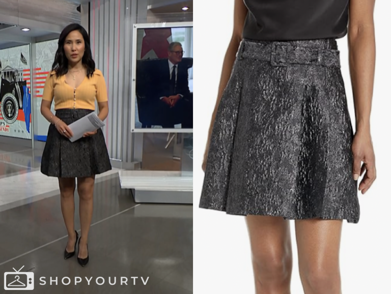 nbc news daily, vicky nguyen, grey brocade belted mini skirt