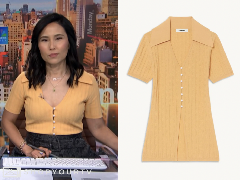 nbc news daily, orange knit pearl button polo shirt, vicky nguyen