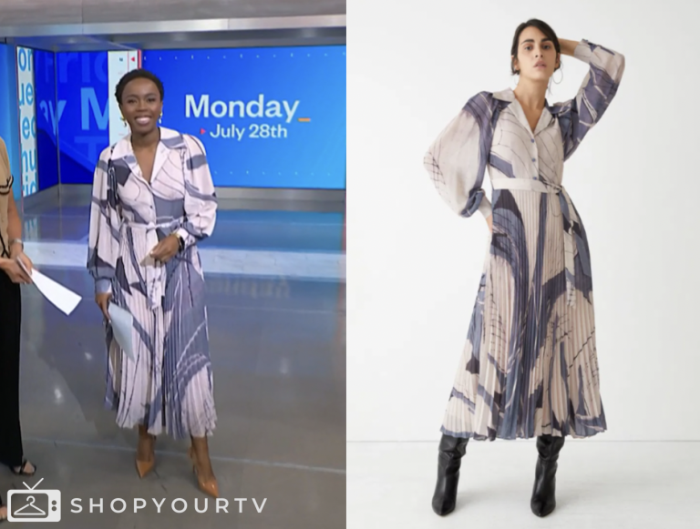 nbc news daily, printed pleated midi dress, Zinhle Essamuah