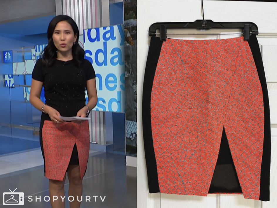 vicky nguyen, nbc news daily, red and black printed pencil skirt
