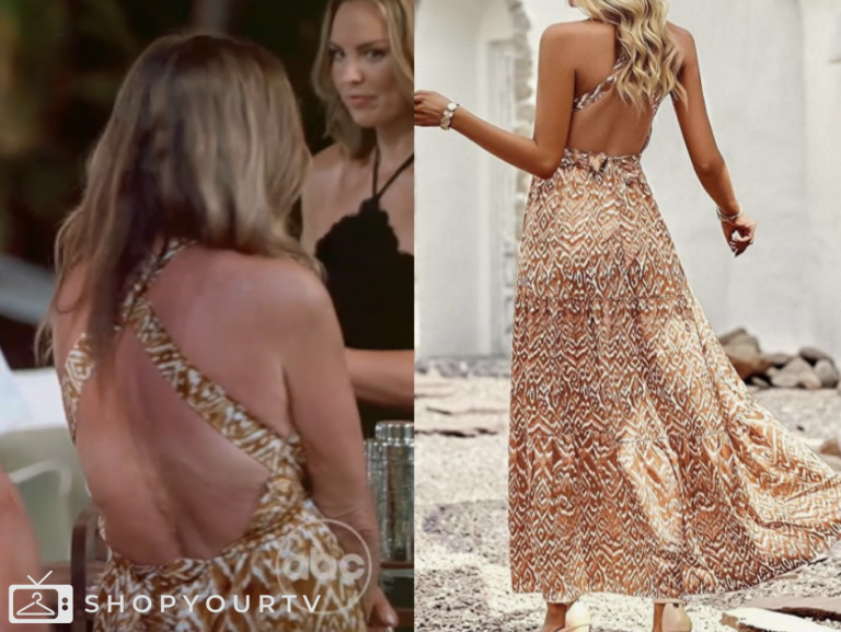 bachelor in paradise, brown printed maxi dress, Leslie Fhima