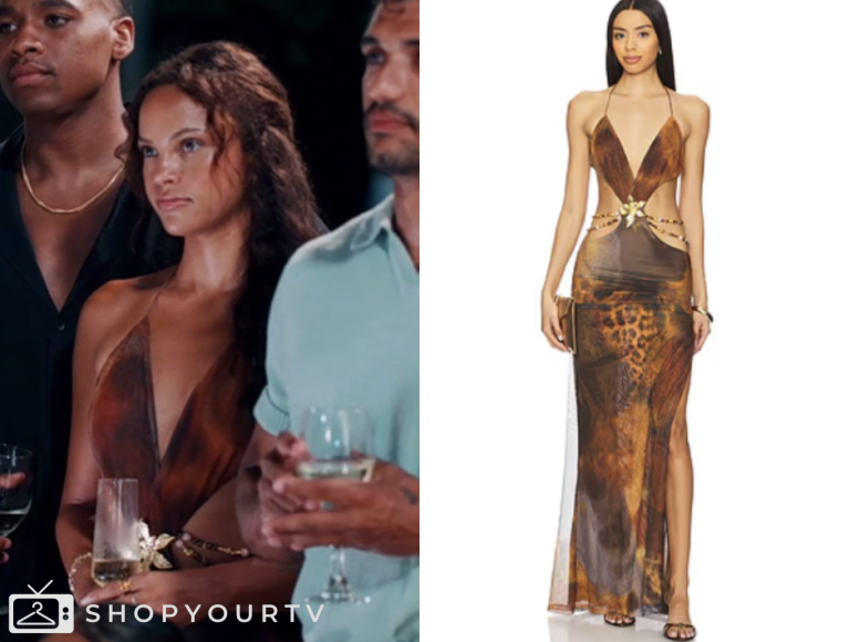 bachelor in paradise, brown printed maxi dress, alexe godin