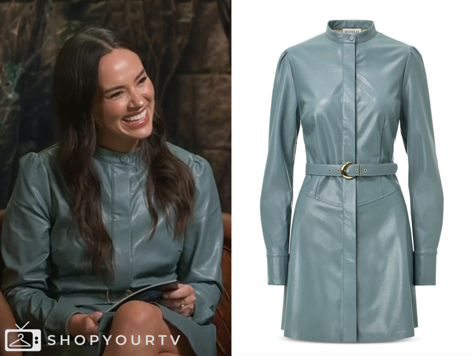 E! News, blue leather shirt dress, emily curl