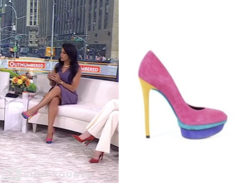 outnumbered, pink platform suede heels, emily compagno, fox news fashion