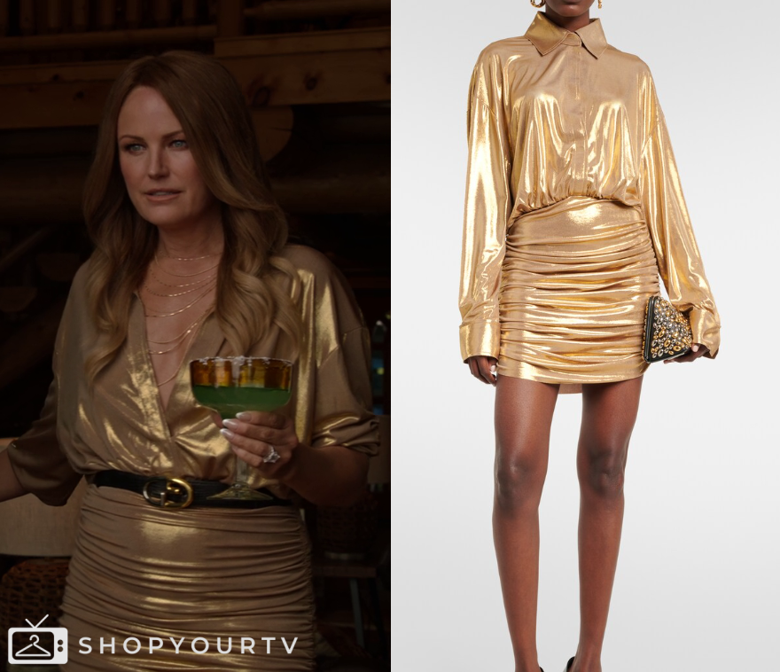 The Hunting Wives: Season 1 Episode 1 Margo's Gold Mini Shirt Dress | Shop Your TV The Hunting Wives: Season 1 Episode 1 Margo's Gold Mini Shirt Dress | Shop Your TV