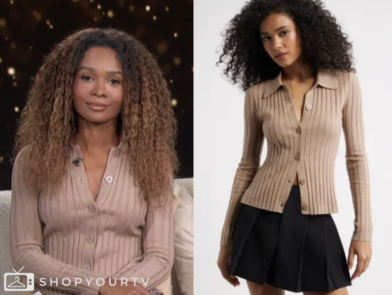 beige ribbed knit polo cardigan top, zuri hall, access daily