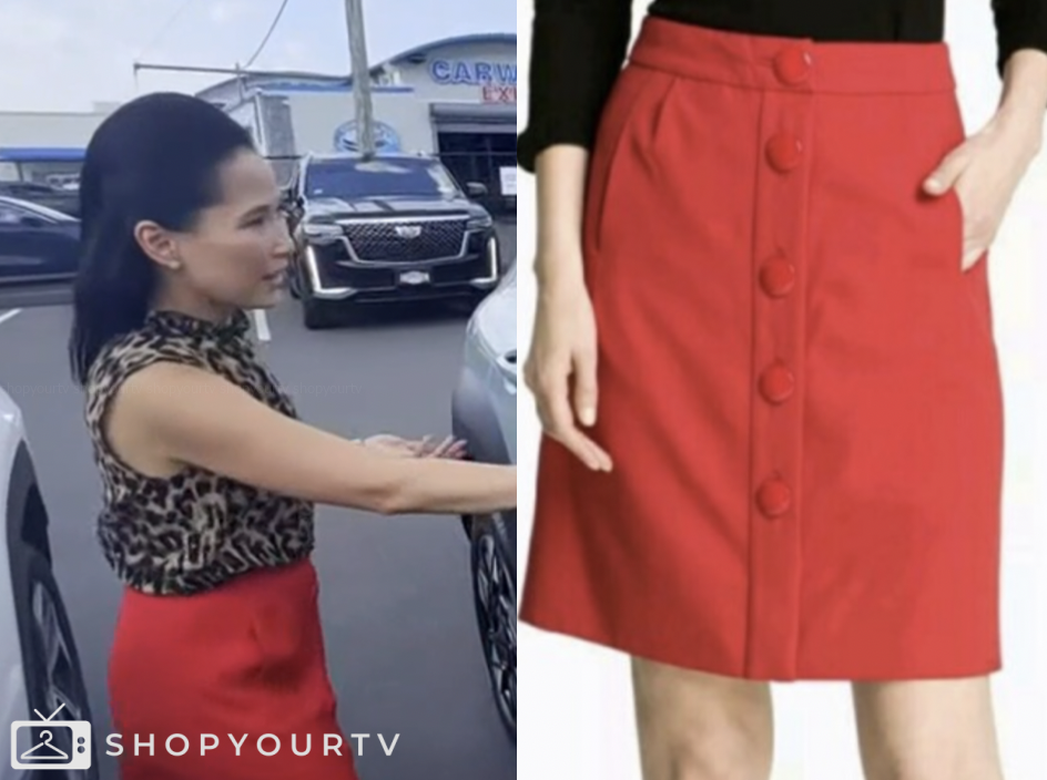 the today show, vicky nguyen, red button front mini skirt