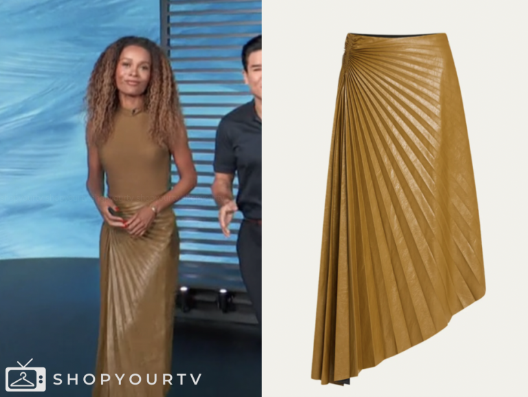 access daily, brown pleated leather midi skirt, zuri hall