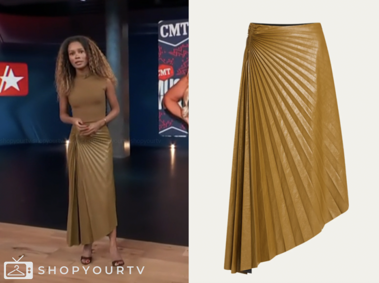 access hollywood, brown pleated leather skirt, zuri hall