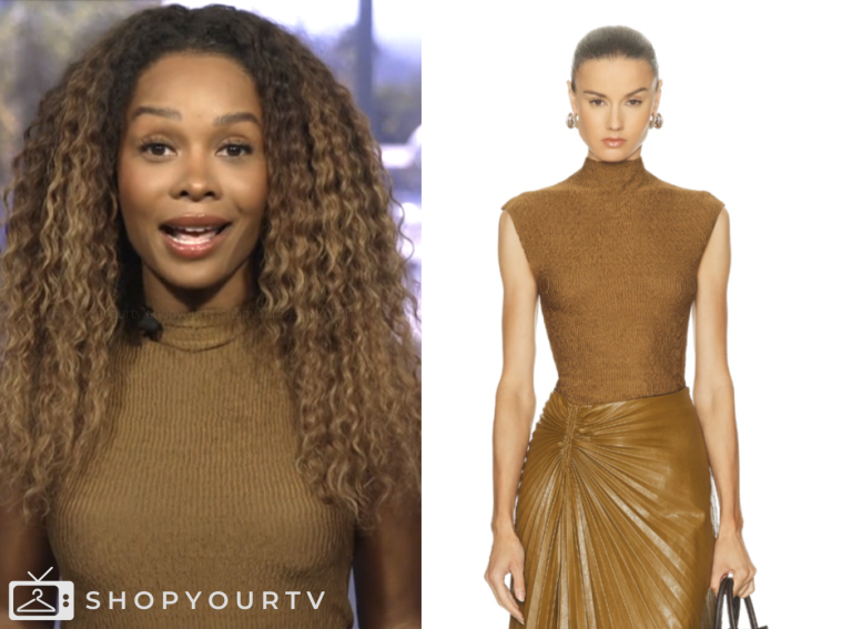 access hollywood, brown mock neck knit top, zuri hall