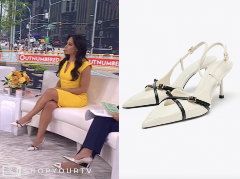 emily compagno, white pointed toe buckle strap slingback heels, outnumbered, fox news fashion