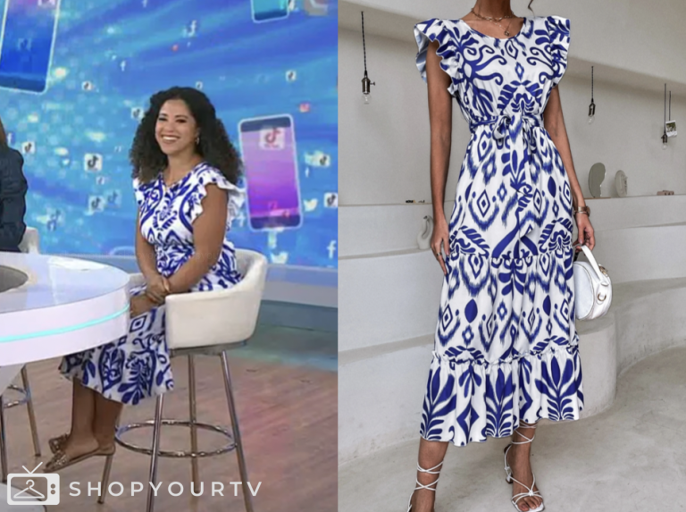 the today show, blue and white printed midi dress, arianna davis