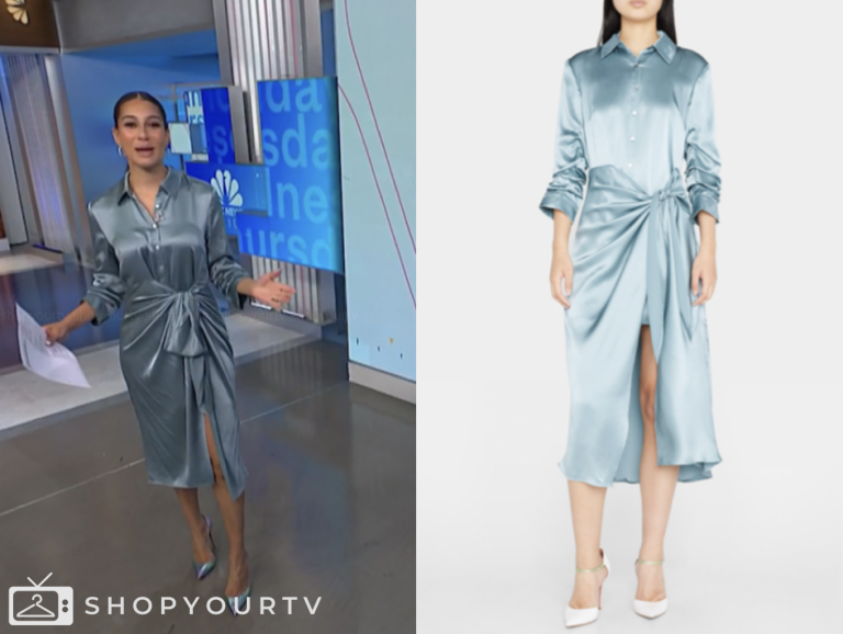 nbc news daily, morgan radford, blue silk satin midi shirt dress