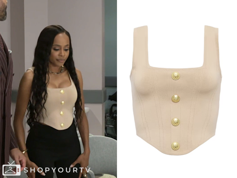 beyond the gates, beige knit corset top, Marquita Goings, Hayley Lawson