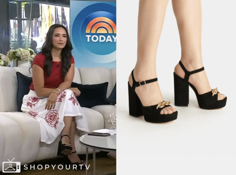 emilie ikeda, the today show, black suede chain sandals heels