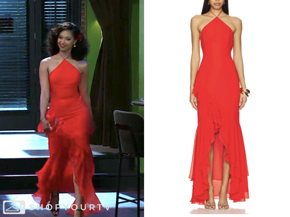 beyond the gates, kat richardson, red halter ruffle maxi dress, Colby Muhammad