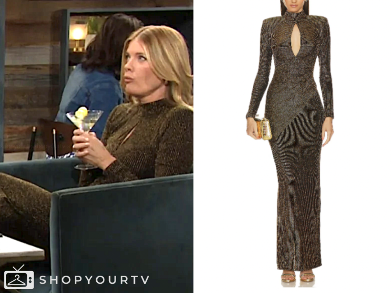 phyllis newman, michelle stafford, the young and the restless, gold metallic ribbed knit maxi dress