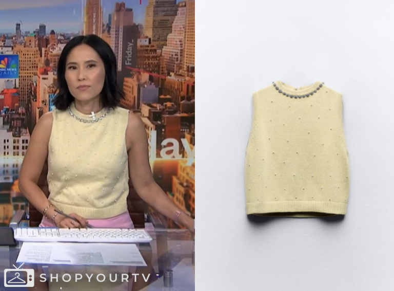 nbc news daily, yellow embellished knit sweater vest top, vicky nguyen