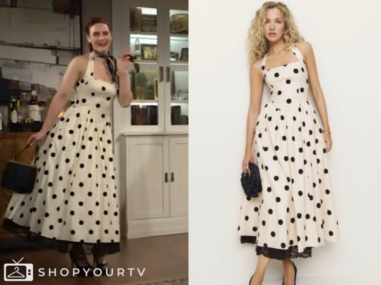 the young and the restless, sally spectra, courtney hope, white polka dot midi dress