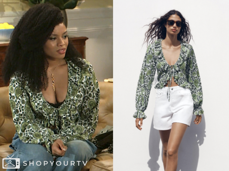 beyond the gates, green printed ruffle top, eva thomas, Ambyr Michelle