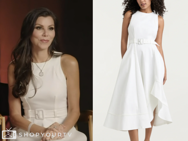 access hollywood, white belted midi dress, Heather Dubrow