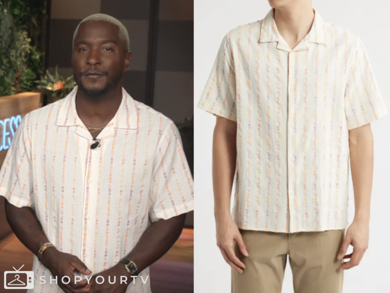 access hollywood, striped camp shirt, scott evans